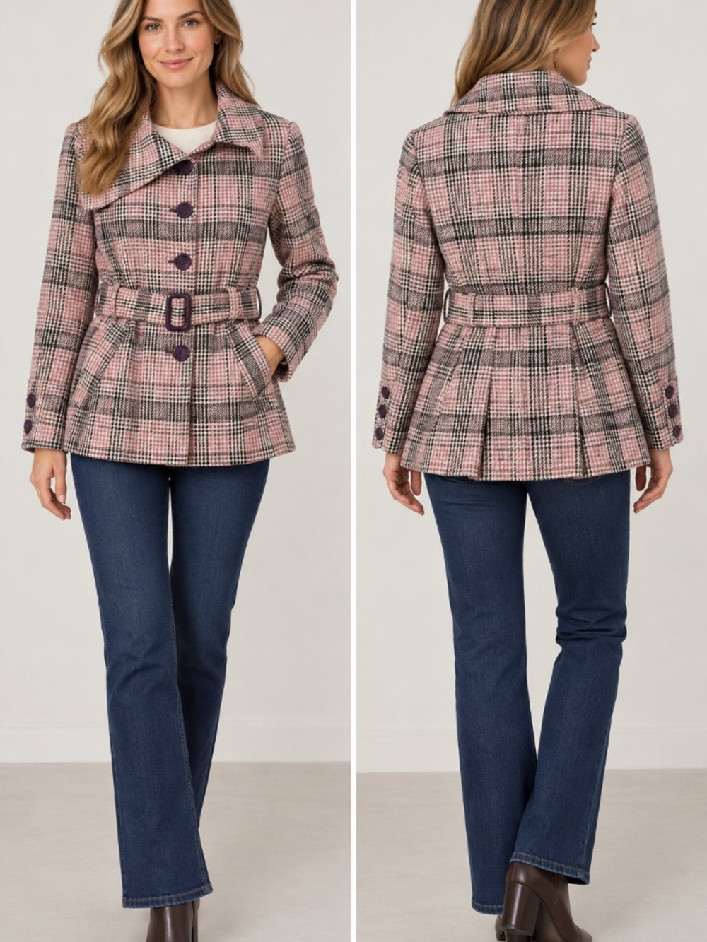 Wool blend cropped trench coat M 90's Y2K plaid pink/purple office preppy